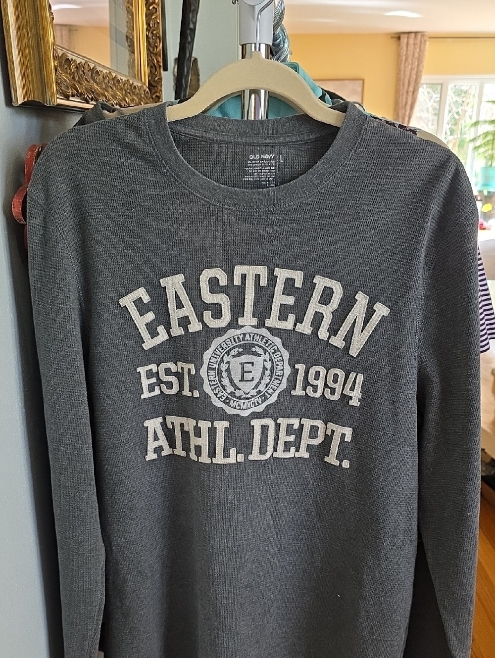 Old Navy Gray Crewneck Sweater with White Collegiate Print